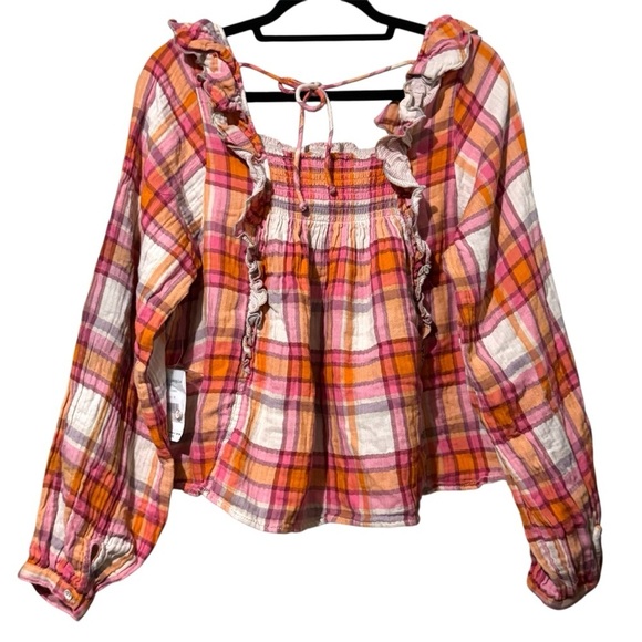 NWT Free People We the Free Siena Plaid Ruffle Top Medium Tea Combo Pink Orange - Picture 4 of 5